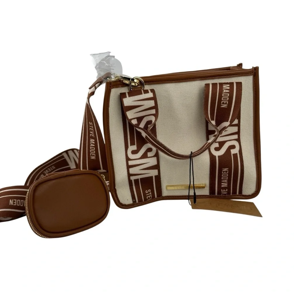 NWT Steve Madden BWebber Canvas Satchel Bag Cream Natural Crossbody Logo Strap